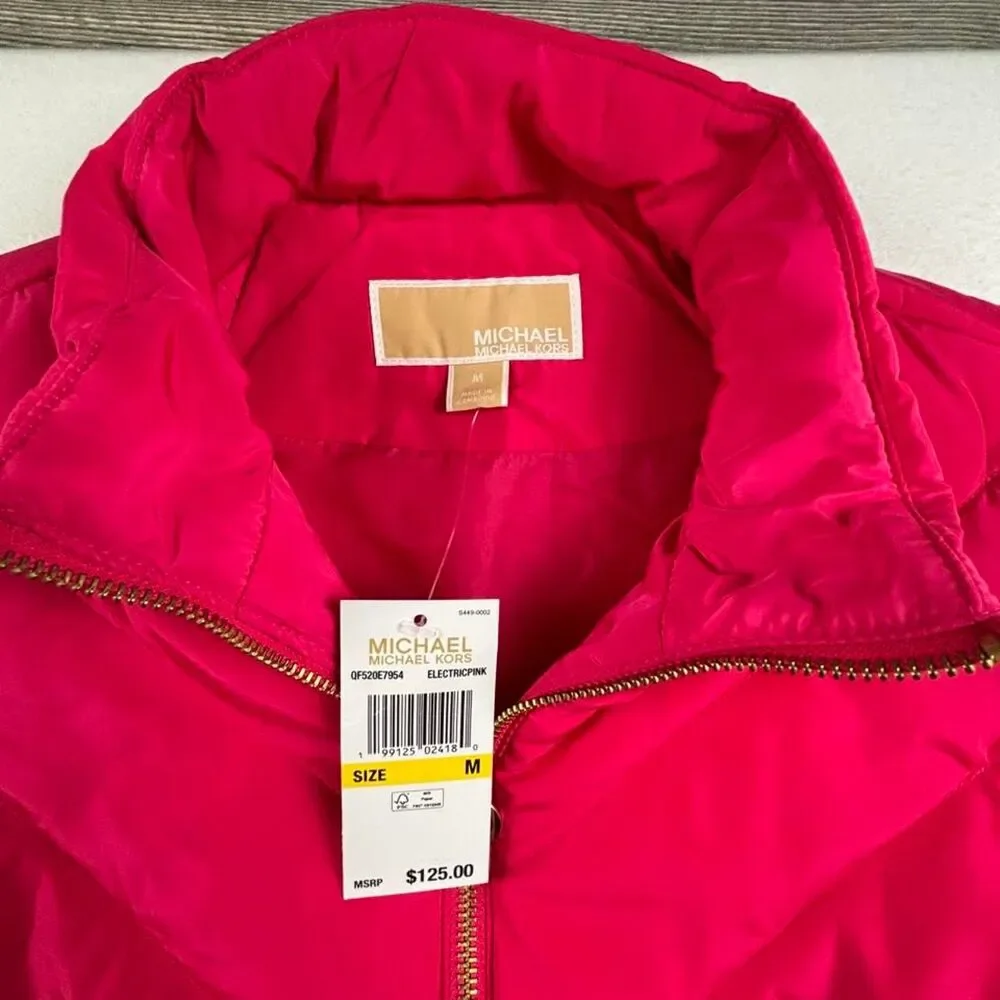 NWT Michael Kors Electric Pink Quilted Puffer Vest Women’s M Gold Zip Gilet